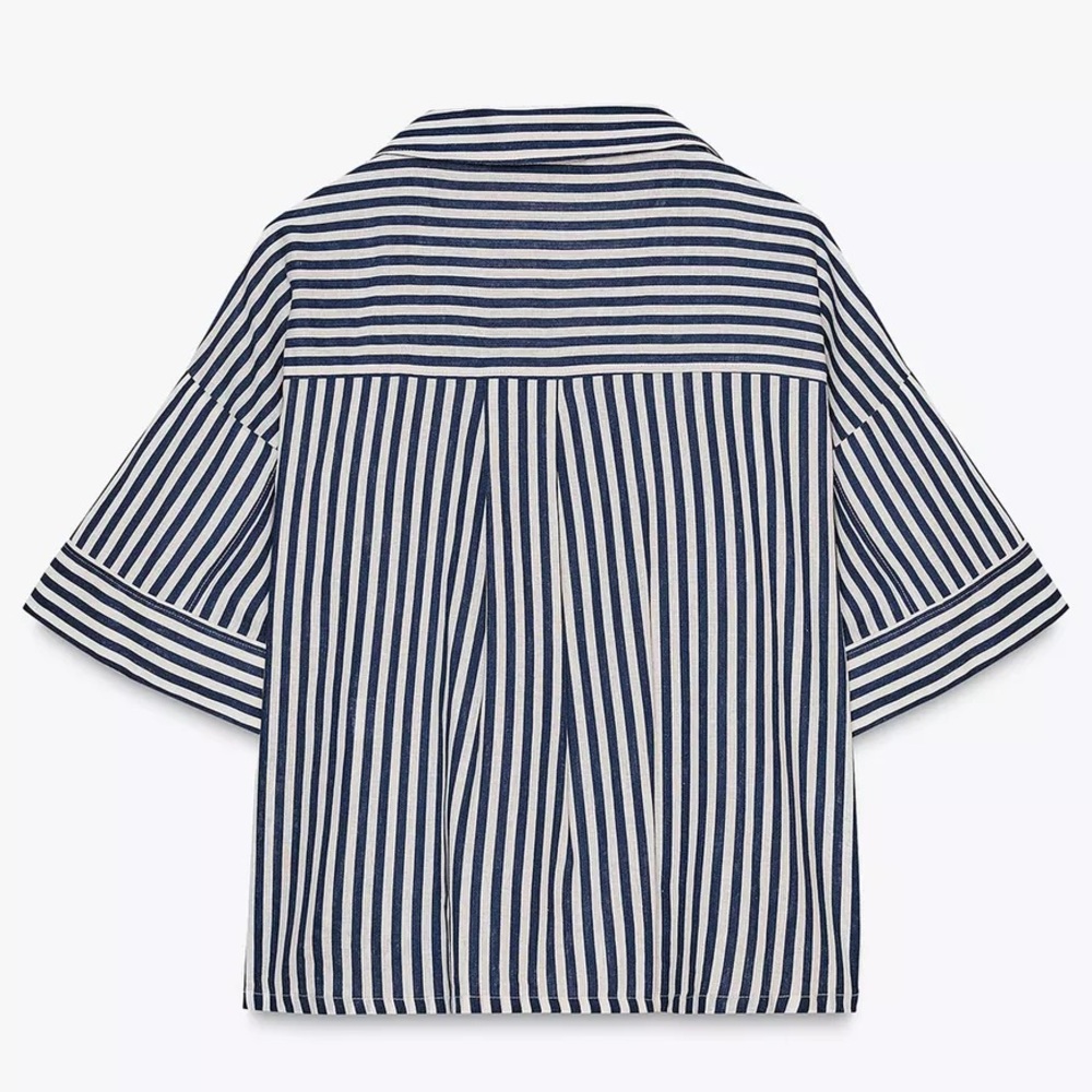 ZARA LINEN BLEND CROPPED SHIRT BLUE WHITE STRIPED MEDIUM V-NECK RESORT VACATION - Picture 7 of 9
